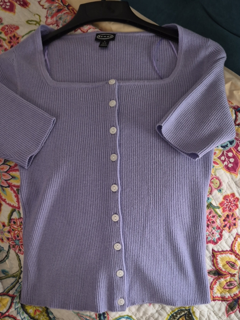Scoop Lavender Square Neckline Ribbed Cardigan Short Sleeve Sweater Sz S8
